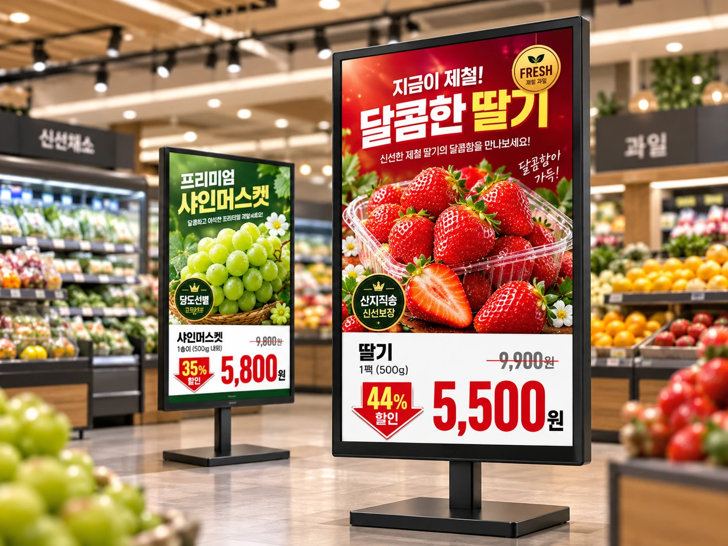 대형 스탠딩 DID에 표현된 딸기 할인 콘텐츠와 포도 할인 콘텐츠